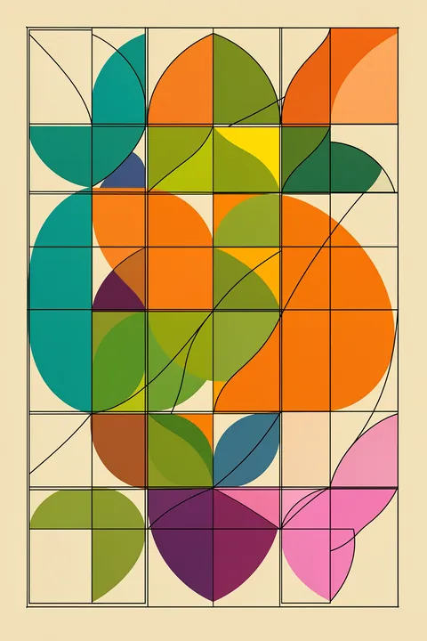 Vibrant Geometric Circles. Translucent colorful circles and arcs sit behind a black rectangular grid on cream.