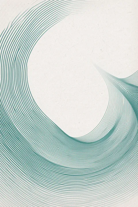 Undulating Blue Landscape. Fine teal contour lines undulate like waves around an open center on textured ivory.