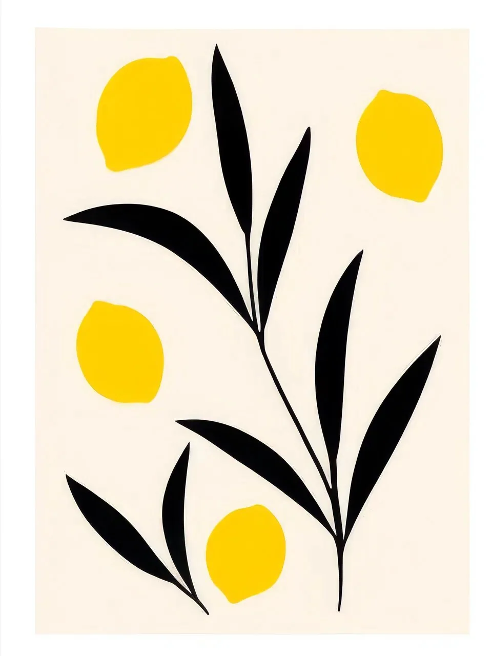 Onlly poster, Lemon Branch on Cream: A stylized branch with bright yellow lemons and long dark leaves, arranged against a warm pale ground.