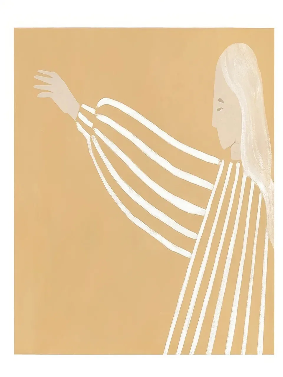 Onlly poster, Golden Figure in Flowing Lines: A pale seated figure formed by fine ivory contours across a muted ochre field.