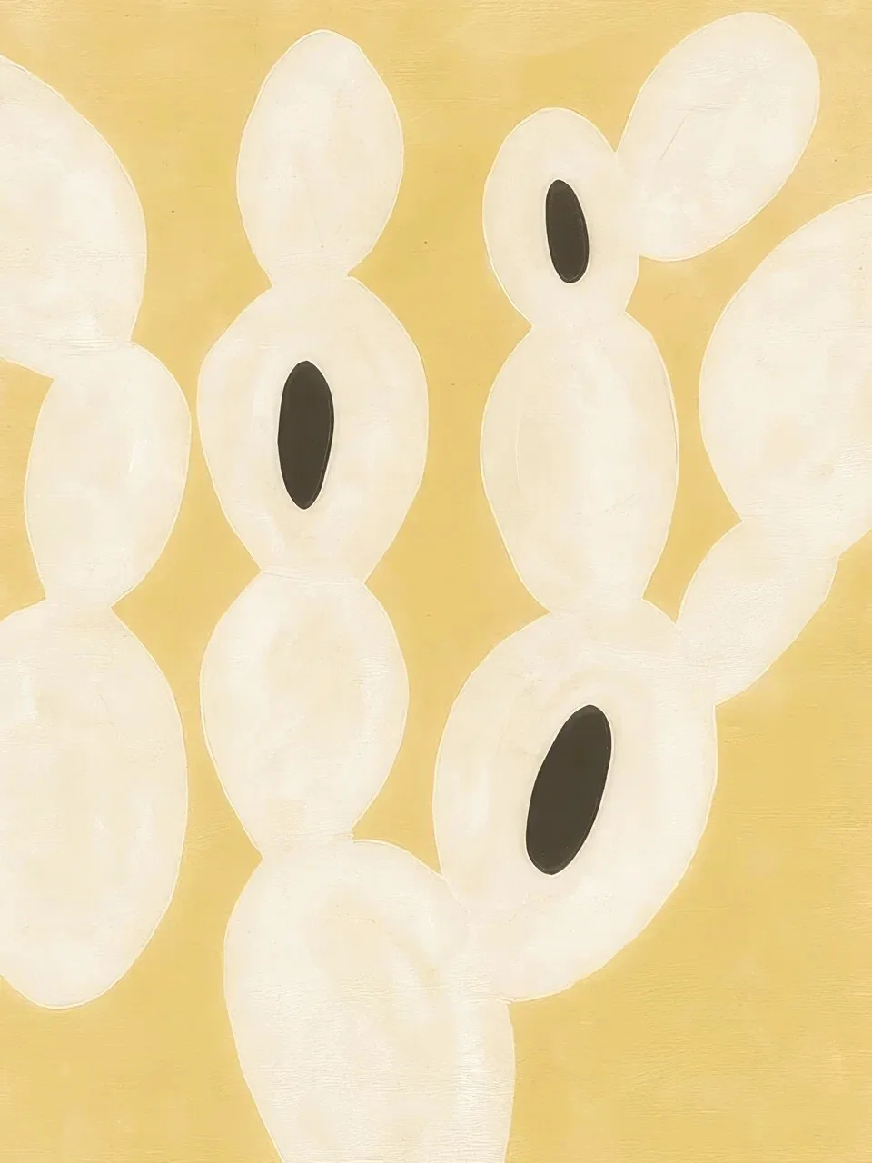 Onlly poster, Soft Organic Shapes: Large cream petal-like forms and small dark ovals repeat across a warm golden ground.