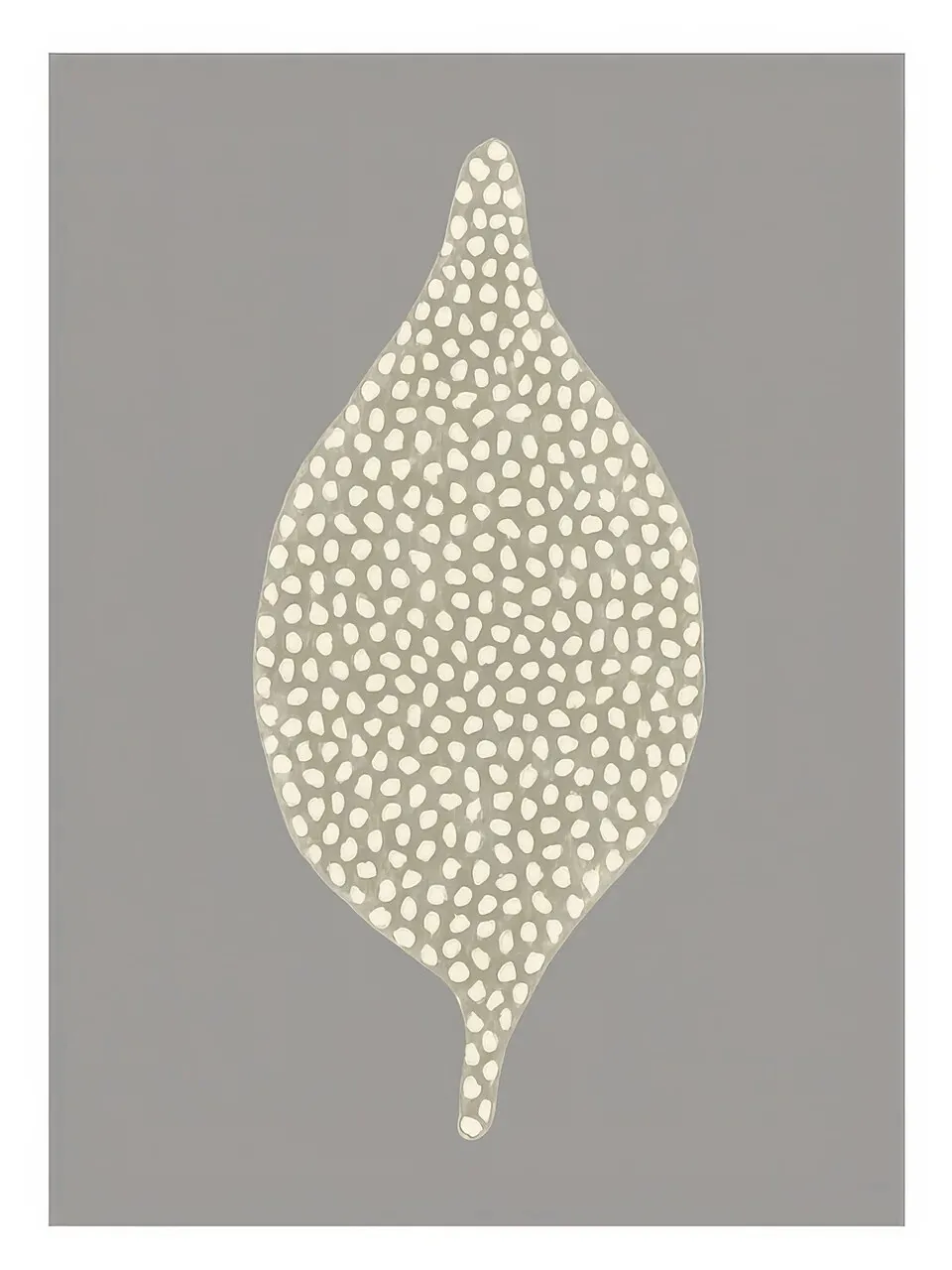 Onlly poster, Dotted Seed Pod: A single ivory seed-shaped form filled with tiny dots sits on charcoal grey.