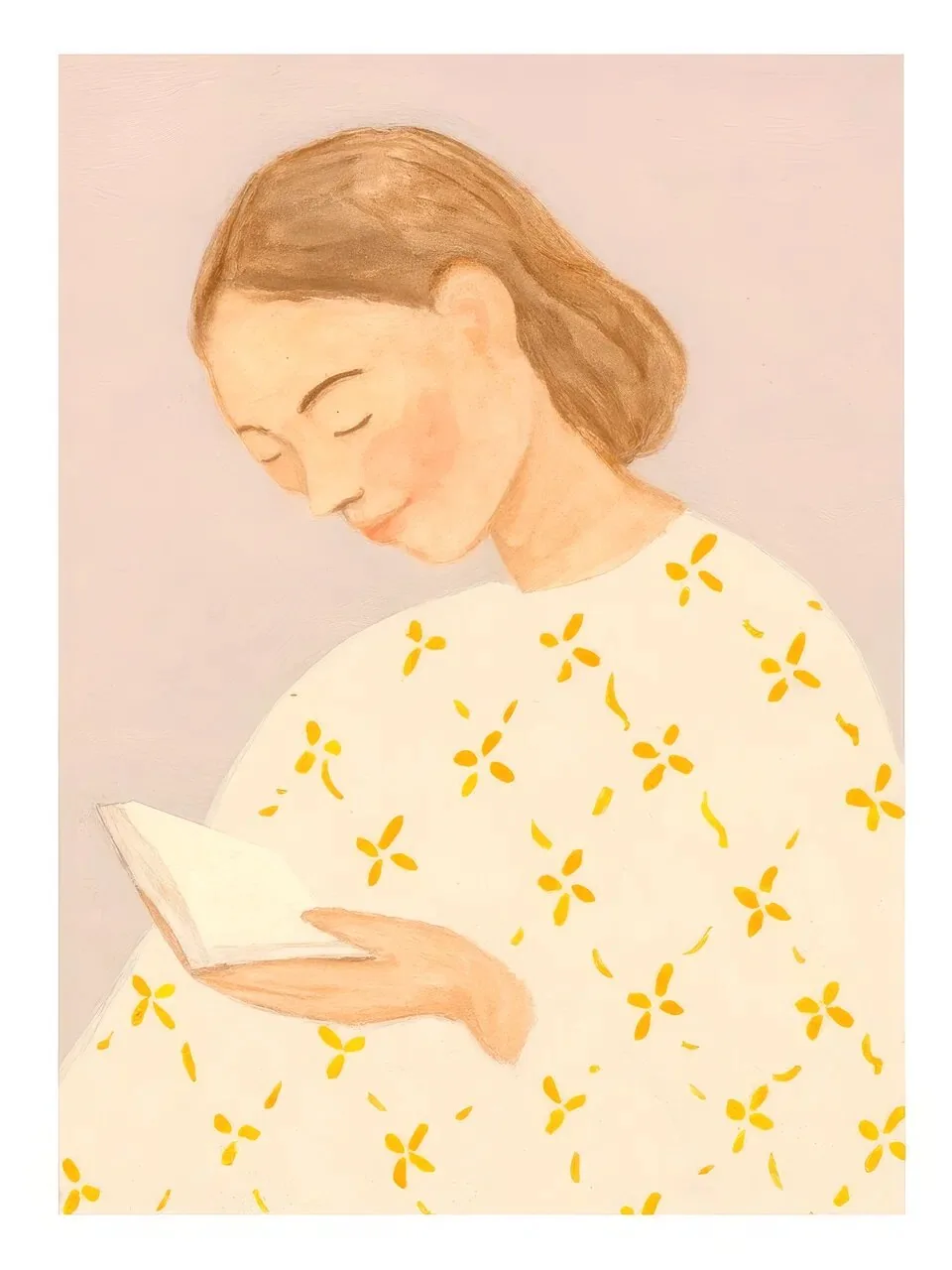 Onlly poster, Woman in a Yellow Floral Blouse: A woman with closed eyes wears a pale yellow blouse scattered with small floral marks.