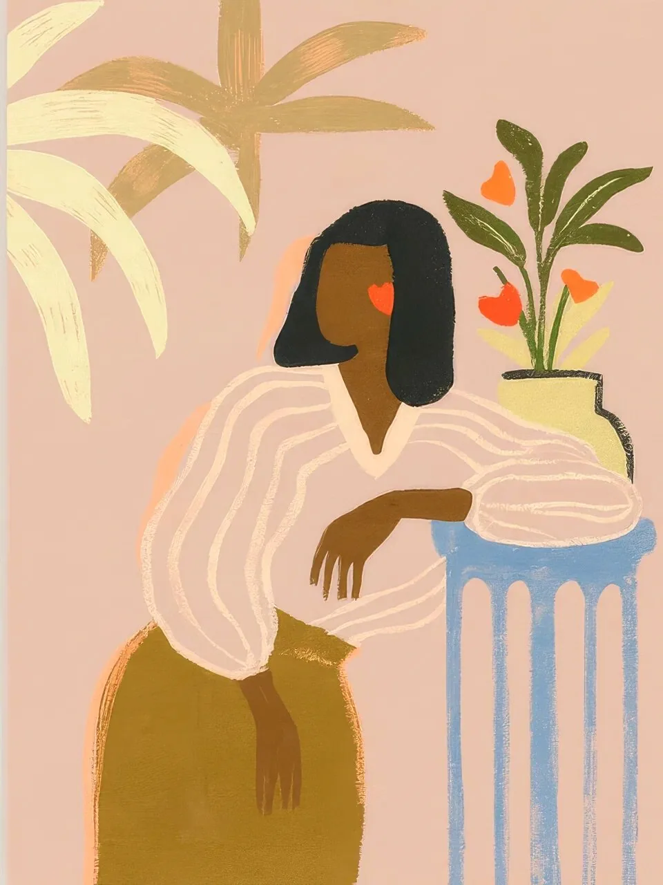 Onlly poster, Woman beside a Plant: A seated figure, flowing hair and a tall blue pedestal with leaves compose a warm pink still life.