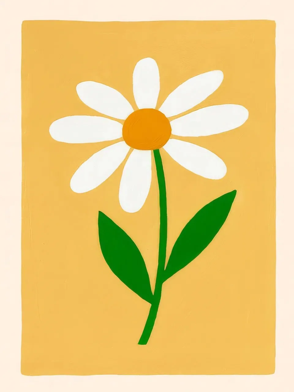 Onlly poster, White Daisy on Ochre: One white-petalled daisy with a golden centre stands upright on a mustard field.