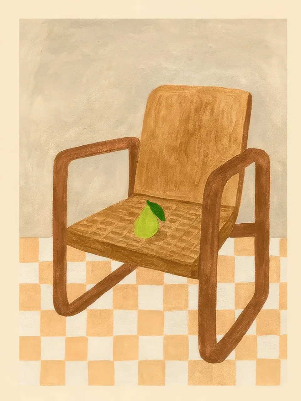 Onlly poster, Wooden Chair on Checks: A sculptural wooden armchair stands over a cream-and-tan checkerboard floor.