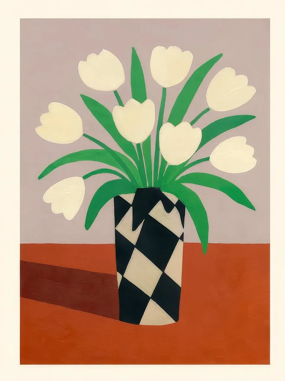 Onlly poster, Tulips in a Checkerboard Vase: Cream tulips and green leaves fill a black-and-cream patterned vase above rust-coloured blocks.