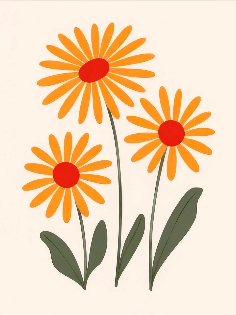 Onlly poster, Orange Daisies: Two orange daisies with slender green stems and leaves sit on a pale ground.