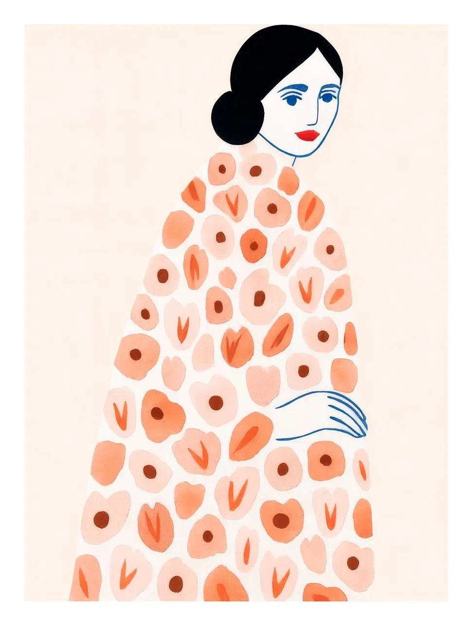 Onlly poster, Floral Dress Portrait: A dark-haired woman in a pale dress patterned with small coral blossoms is shown from above.