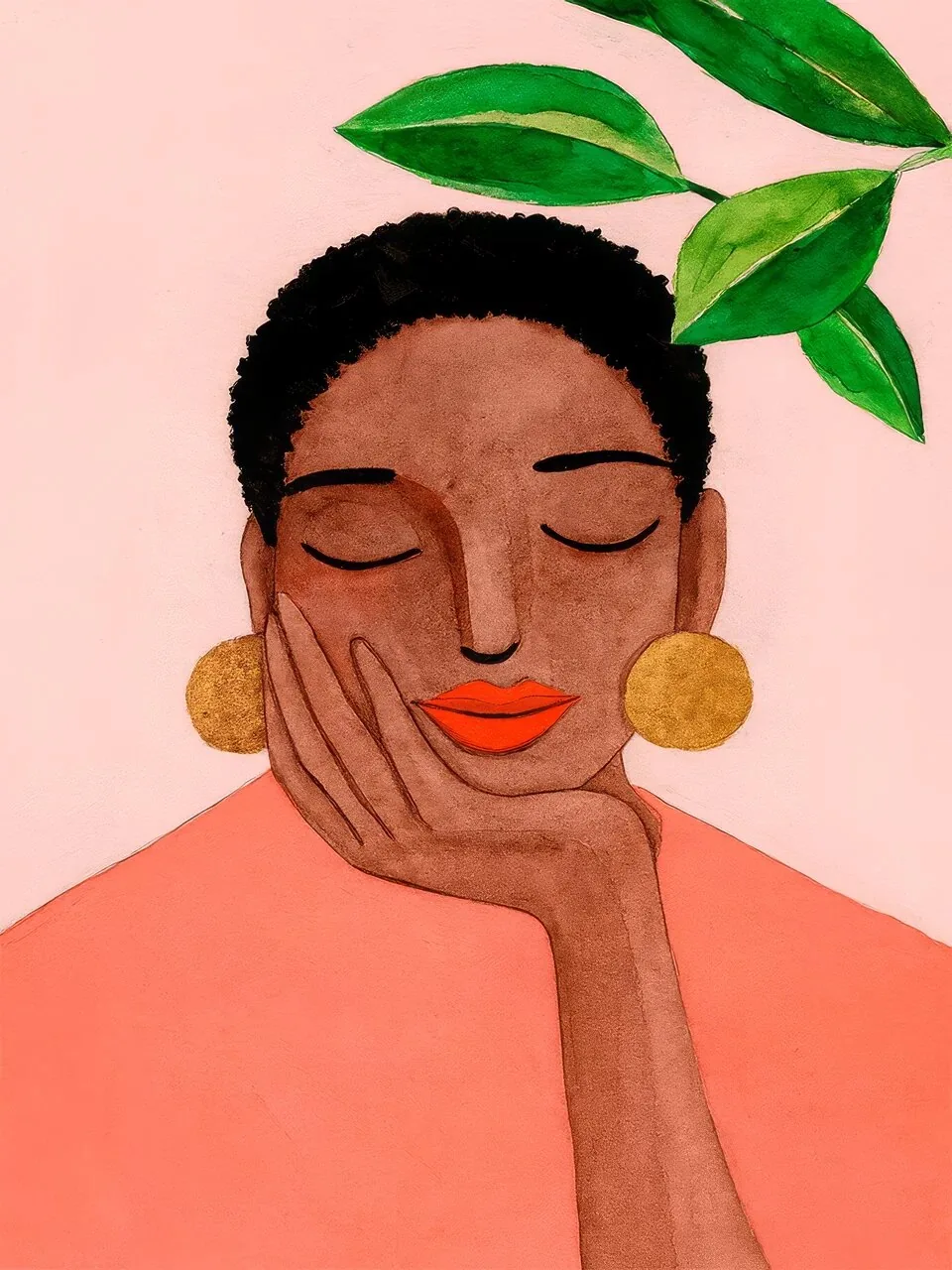Onlly poster, Woman Resting in Coral: A close portrait of a resting woman with warm brown skin against a soft coral background.
