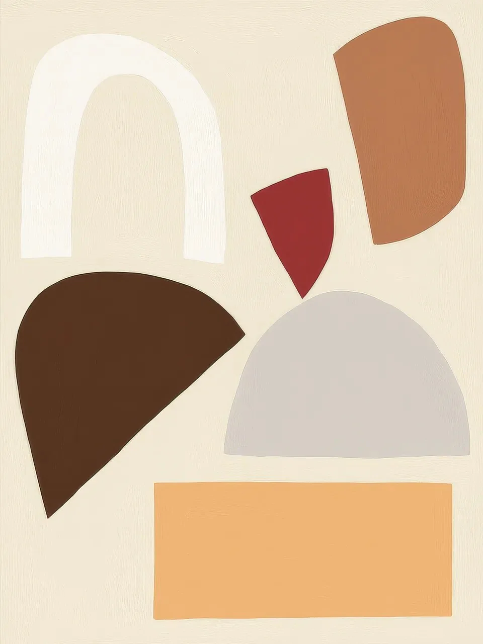 Onlly poster, Neutral Geometric Arrangement: Arches, circles and curved blocks in ivory, brown, charcoal and ochre form a balanced composition.
