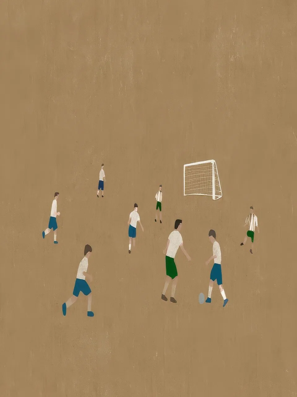 Onlly poster, Players on an Open Field: Small figures gather around a ball on a broad textured ochre field.