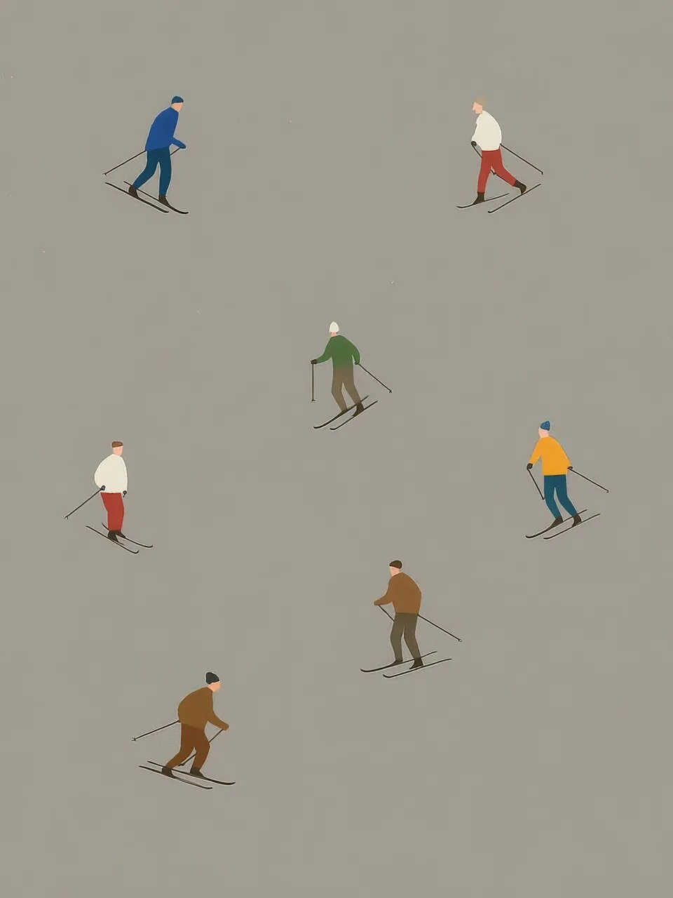 Onlly poster, Small Figures in Grey Space: Tiny people move across a quiet grey field, spaced far apart from one another.