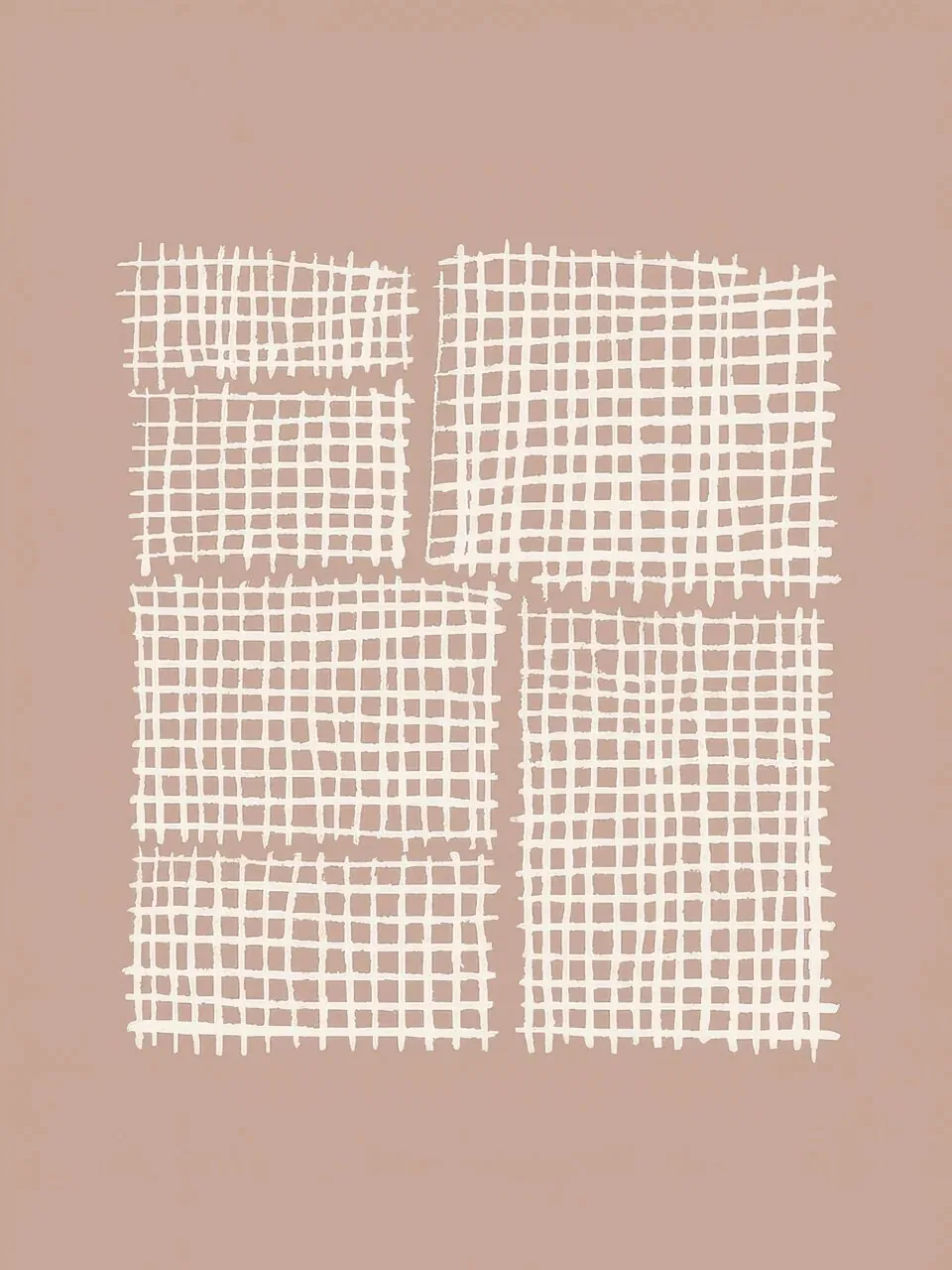 Onlly poster, Woven Grid Blocks: Four pale rectangular grids sit in a balanced arrangement on muted taupe.