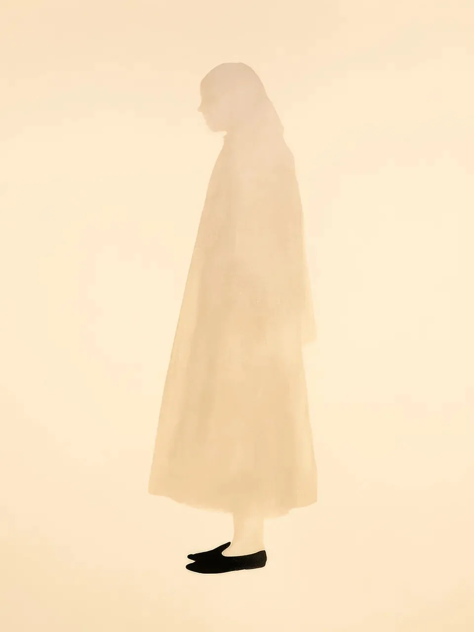 Onlly poster, Figure in a Light Dress: A softly rendered figure in a long light dress stands against a warm golden background.