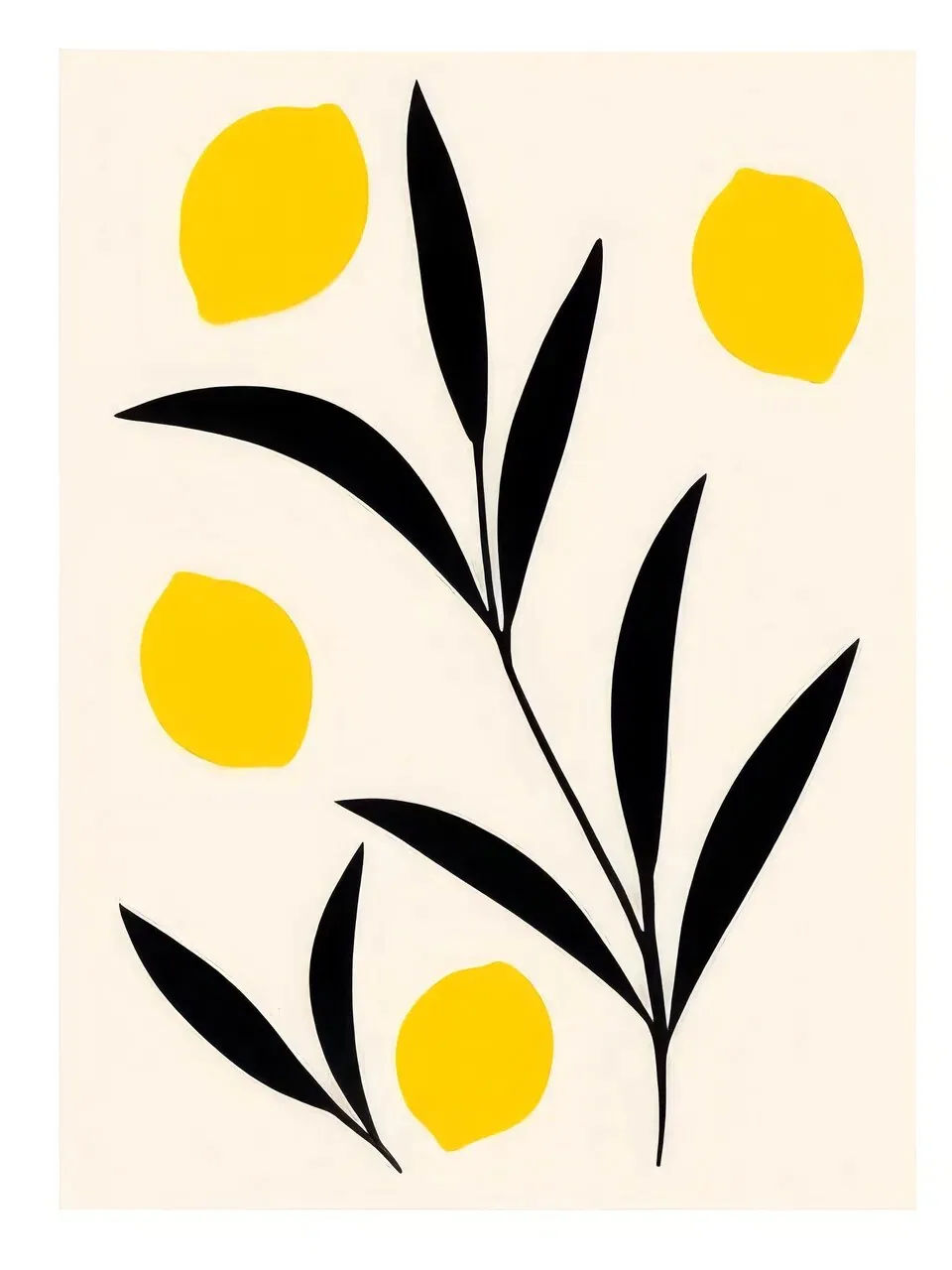 Onlly poster, Lemon Branch with Dark Leaves: Yellow fruit and long black leaves rise on slender stems against a pale background.