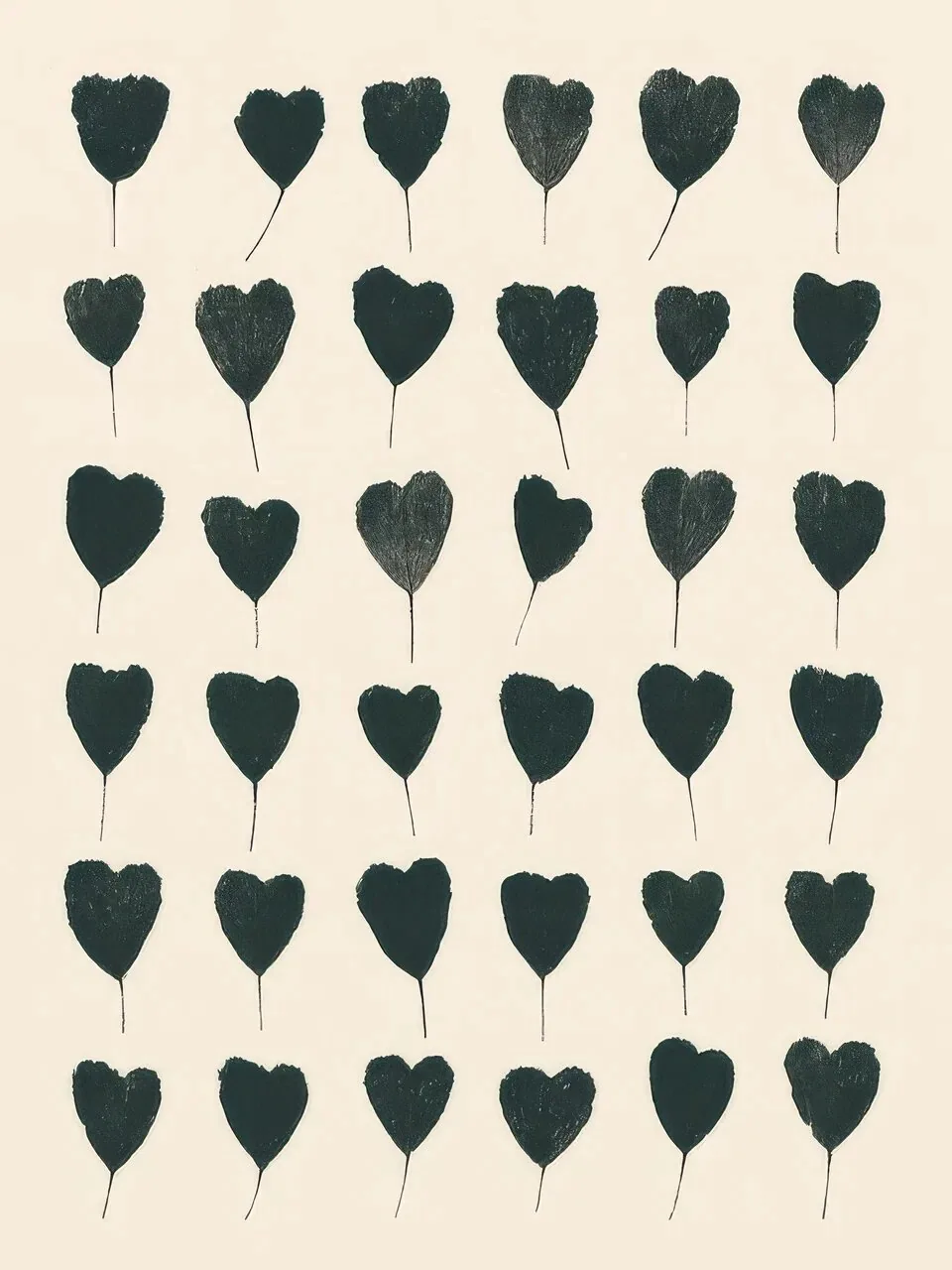 Onlly poster, Rows of Dark Hearts: Small hand-shaped dark hearts repeat in tidy rows on a warm cream ground.