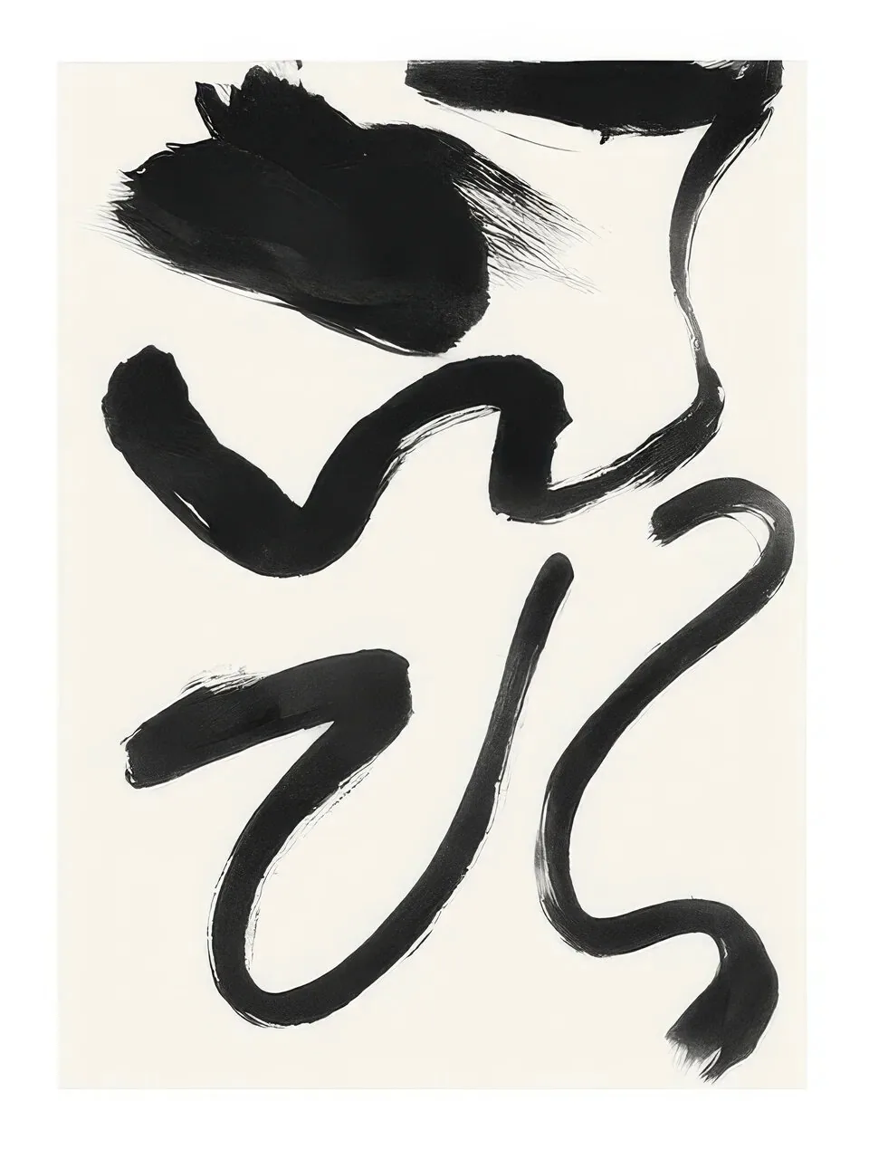 Onlly poster, Black Brush Gesture: A bold, energetic black brush form sweeps across pale paper.
