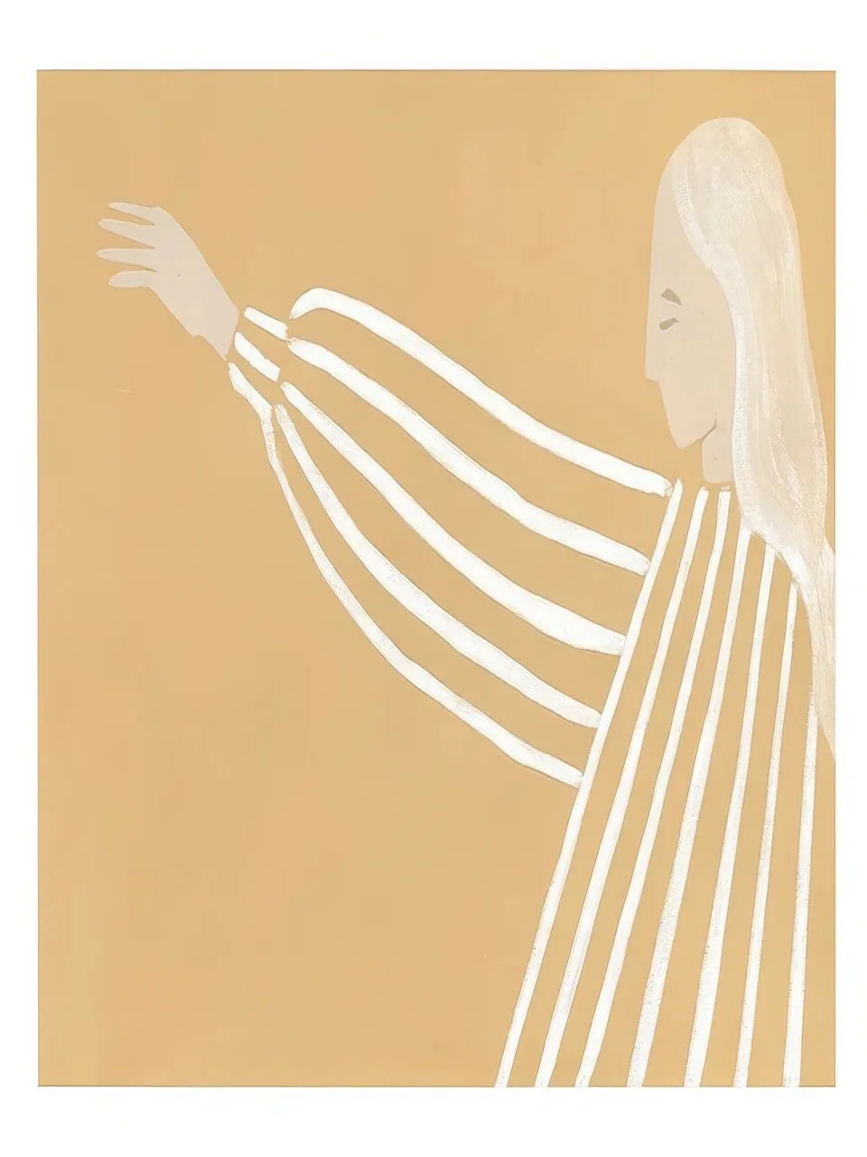 Onlly poster, Ochre Figure in Flowing Lines: A seated pale figure is suggested by curved parallel lines on golden beige.