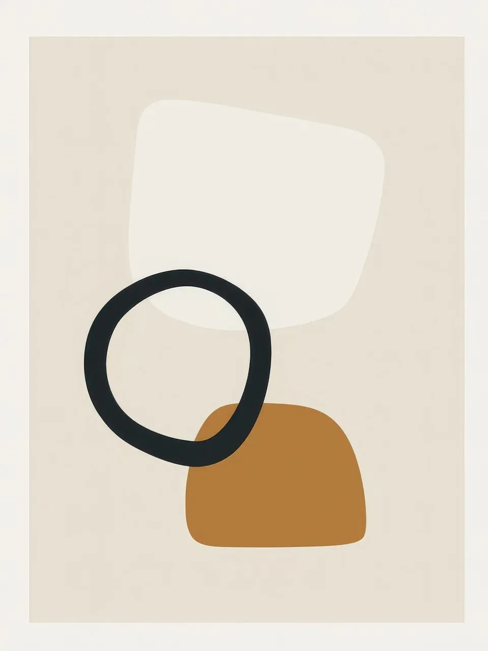 Onlly poster, Abstract Shapes with a Ring: A dark circular outline and warm brown and ochre forms balance on a pale ground.