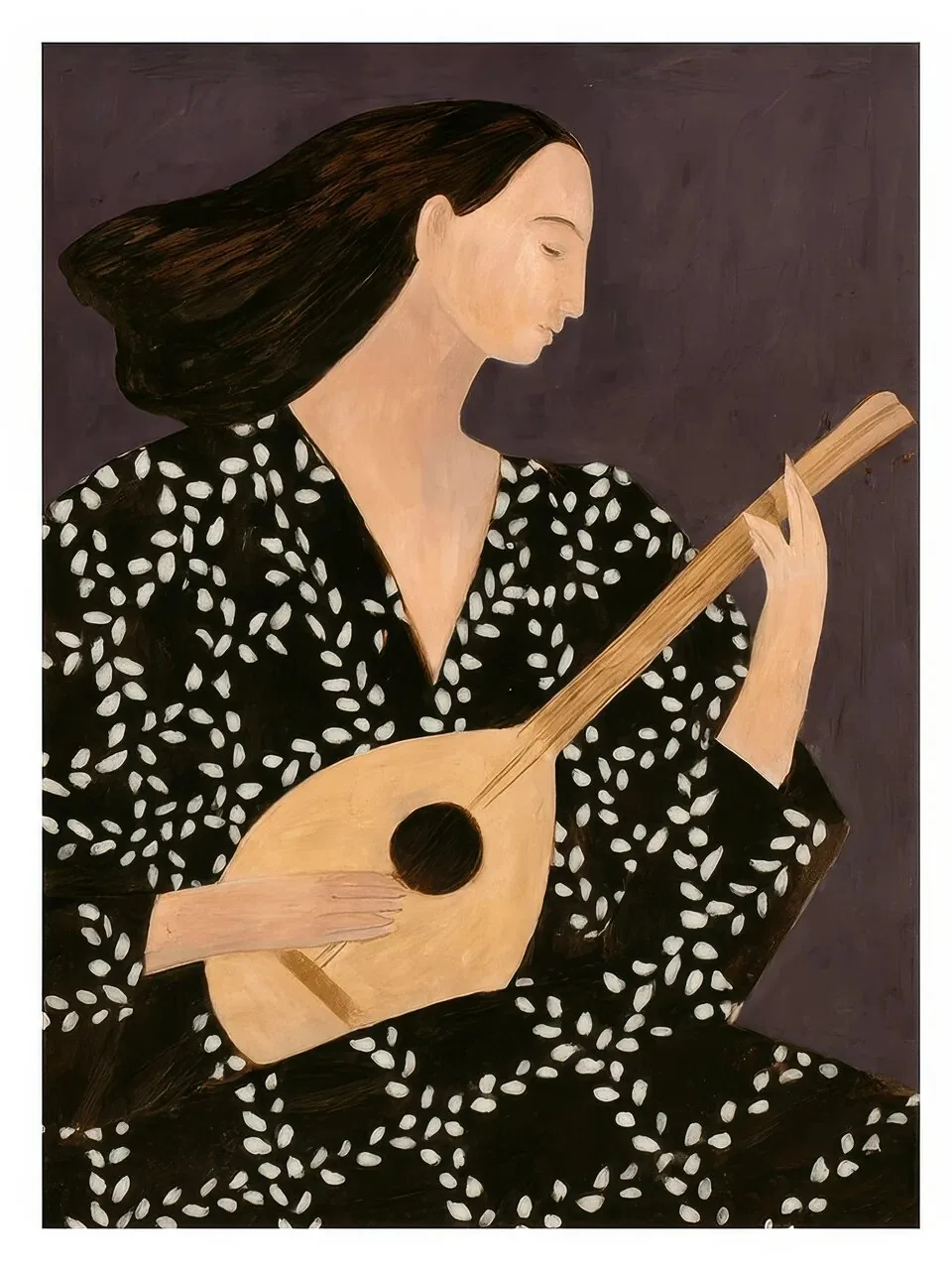 Onlly poster, Woman Playing a String Instrument: A seated woman in a black patterned dress holds a small stringed instrument.