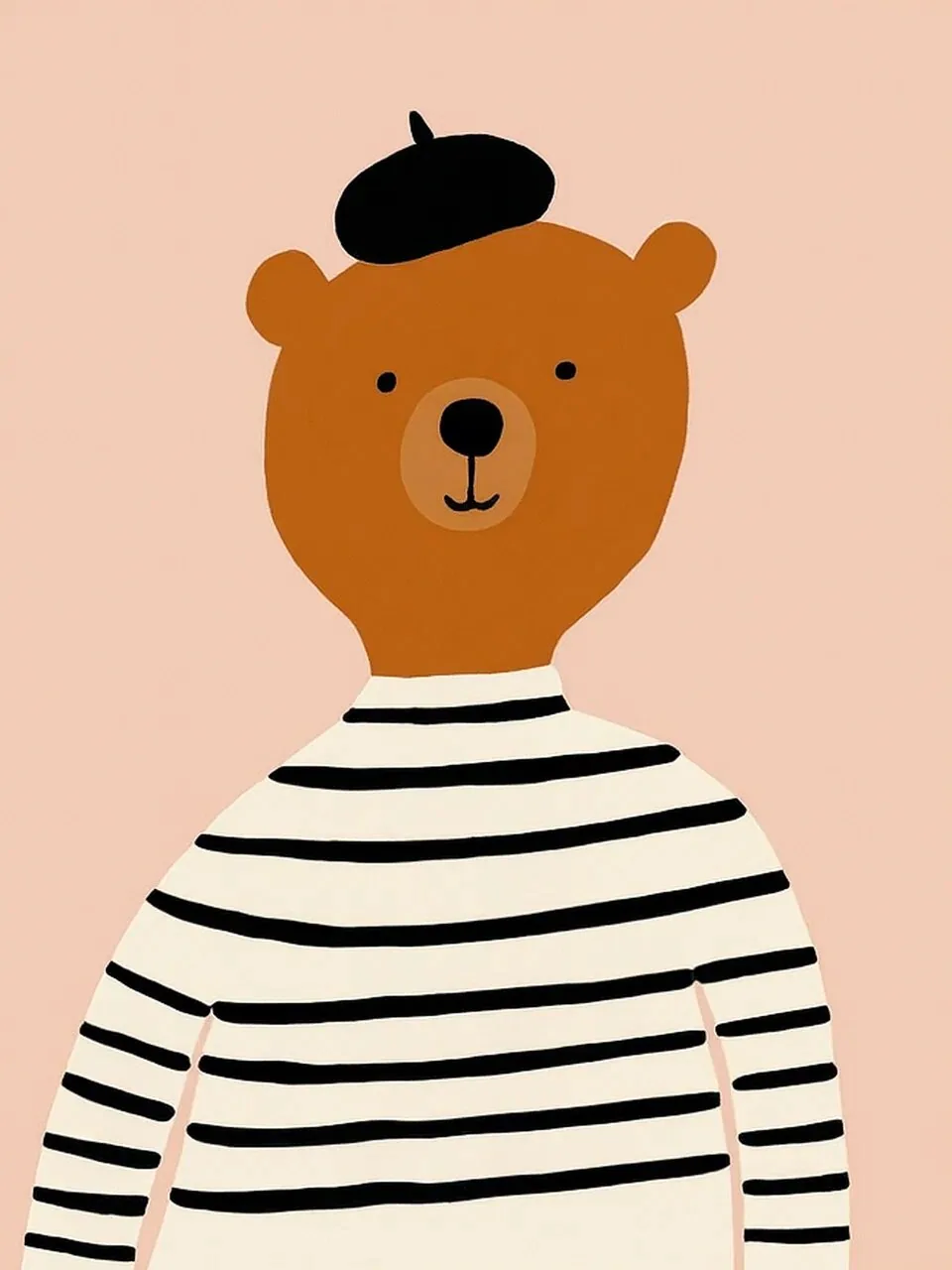 Onlly poster, Bear in a Striped Shirt: A friendly brown bear wears a simple black-and-cream striped top on peach.