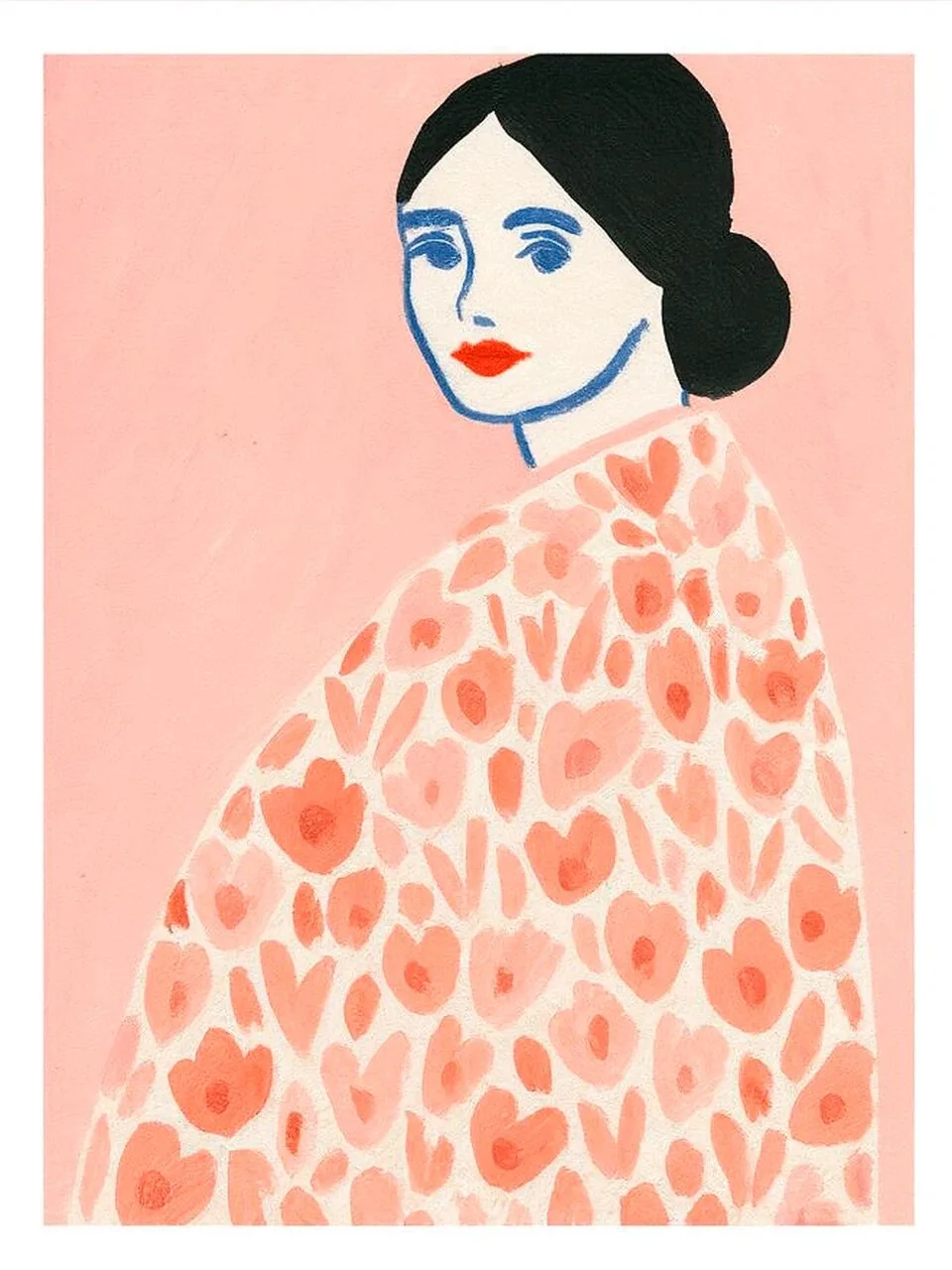 Onlly poster, Woman in a Coral Floral Dress: A dark-haired woman in a pale dress with coral flowers appears against soft pink.