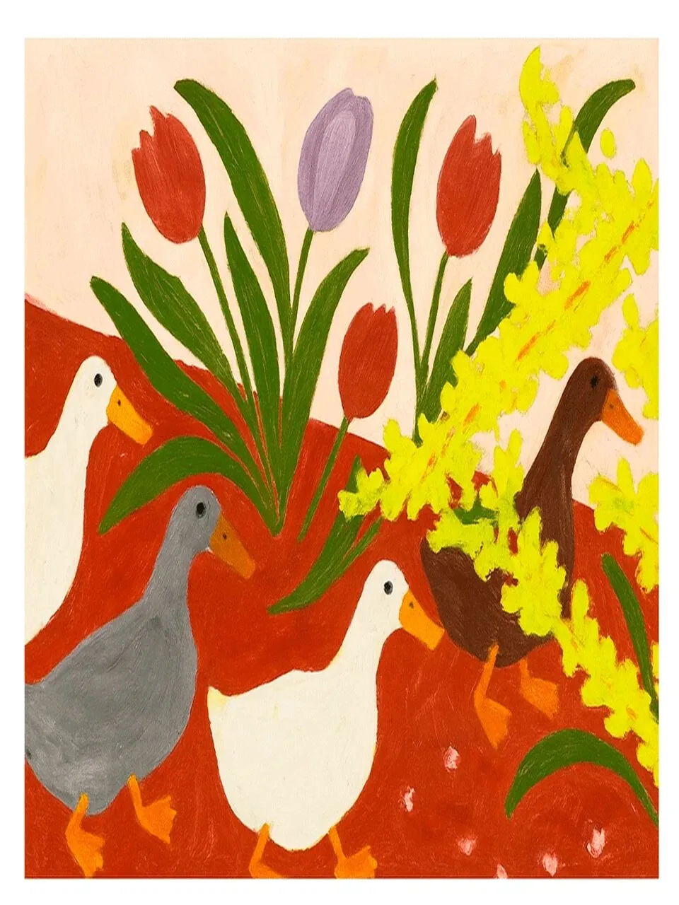 Onlly poster, Birds among Autumn Flowers: Cream birds stand among dense red, yellow and green flowers on a warm ground.