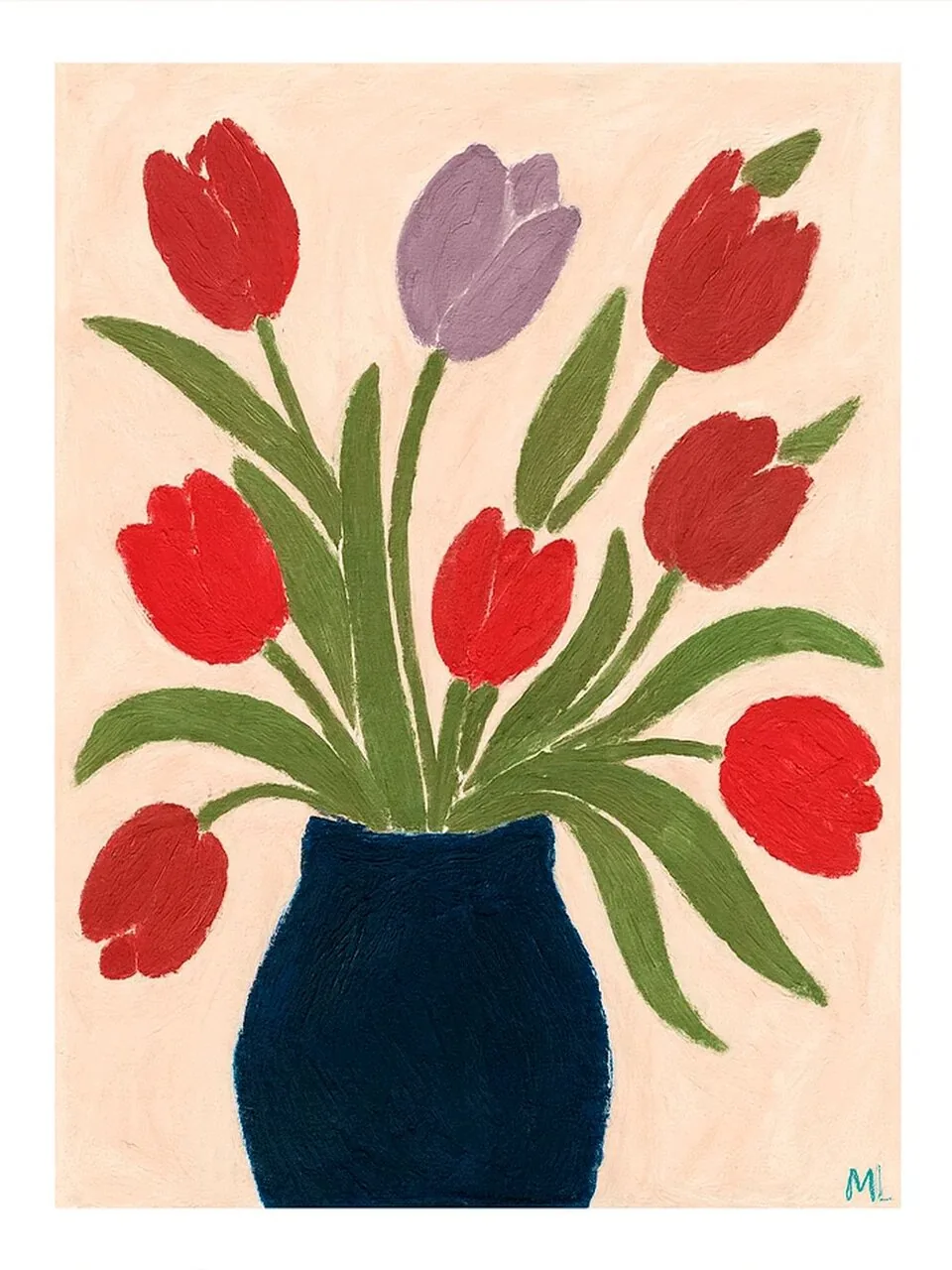 Onlly poster, Tulips in a Blue Vase: A vivid bouquet of red, pink and yellow tulips rises from a deep-blue vase.