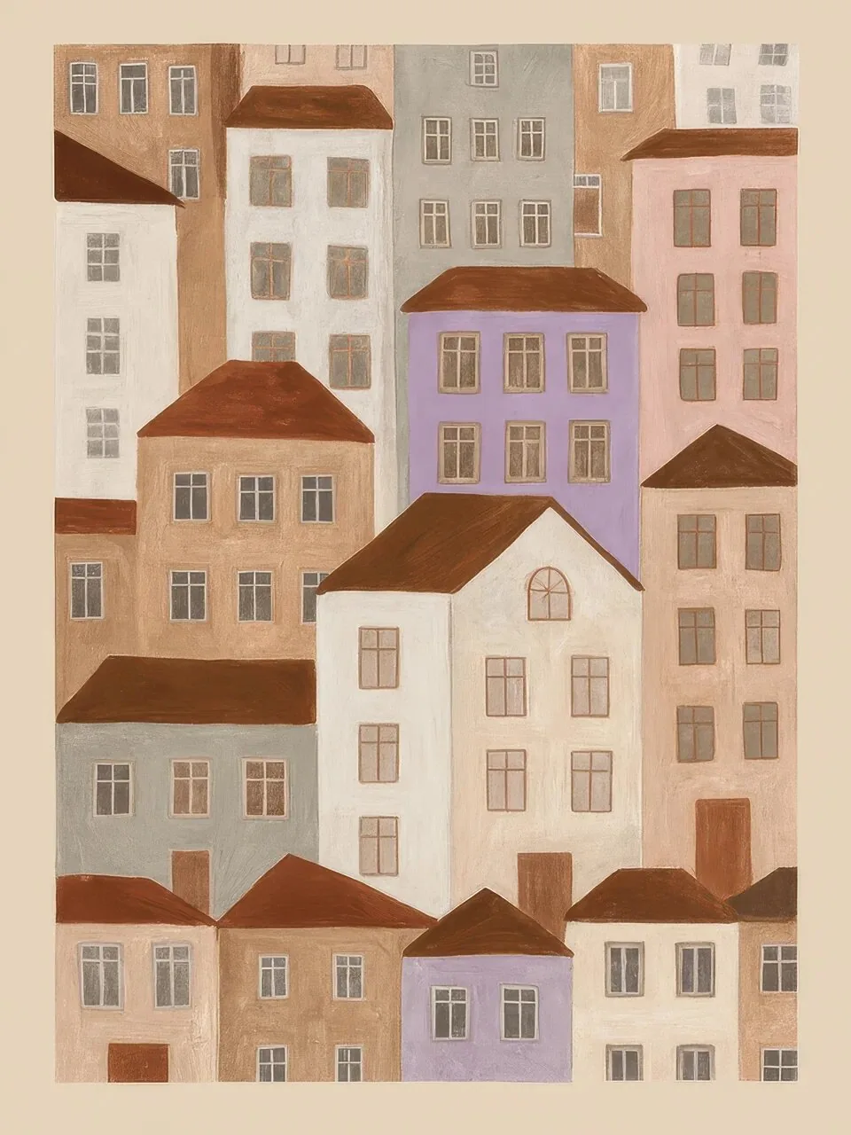 Onlly poster, Pastel Townhouses: A row of closely packed houses in soft pink, tan and lilac fills the composition.