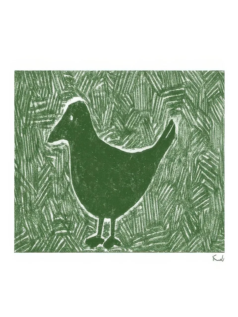 Onlly poster, Hen in a Green Garden: A white hen is picked out in fine pale lines over a richly textured green field.