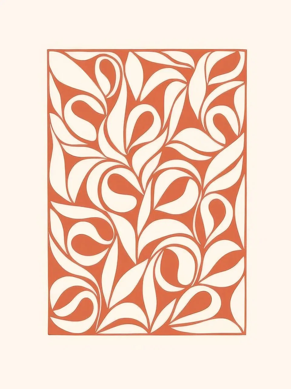 Onlly poster, Rust Leaf Motif Pattern: Cream curving leaves repeat across a terracotta ground.