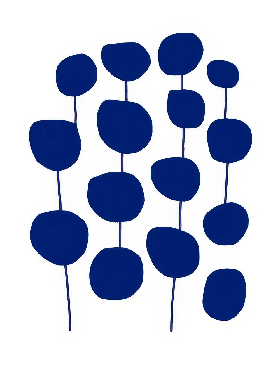 Onlly poster, Blue Berries on Branches: Rounded deep-blue forms are arranged on thin branching stems.