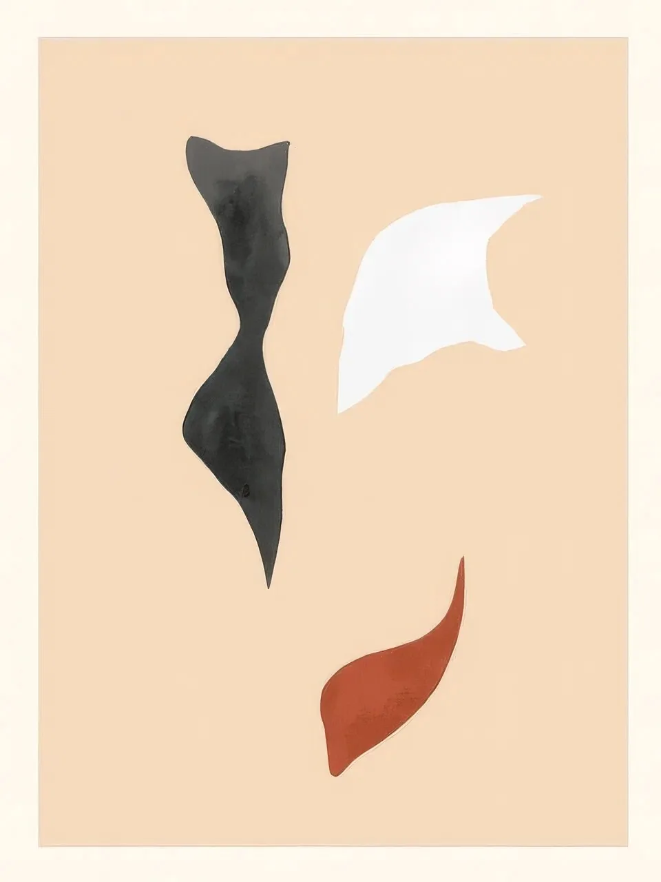 Onlly poster, Abstract Dancing Figures: Three simplified red, white and charcoal figures appear to turn across a warm beige field.