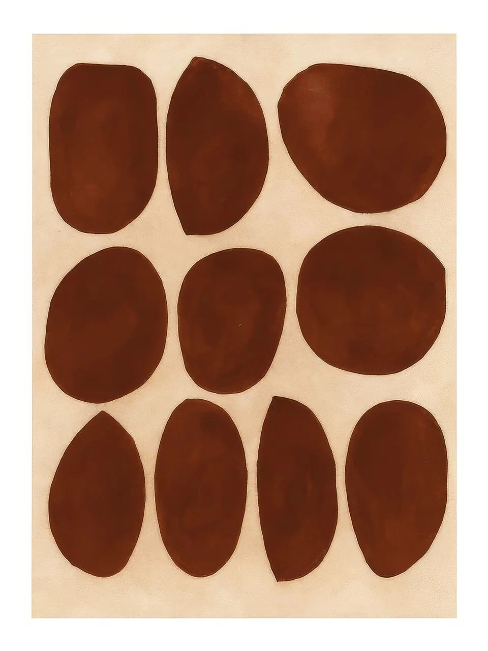 Onlly poster, Brown Oval Motif Grid: Nine dark-brown ovals repeat in even rows on a pale peach background.