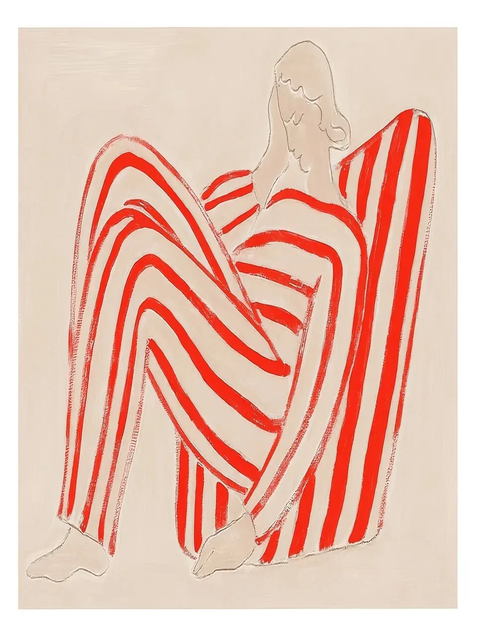 Onlly poster, Figure in Red Stripes: A seated figure is framed by strong red-and-cream striped contours.
