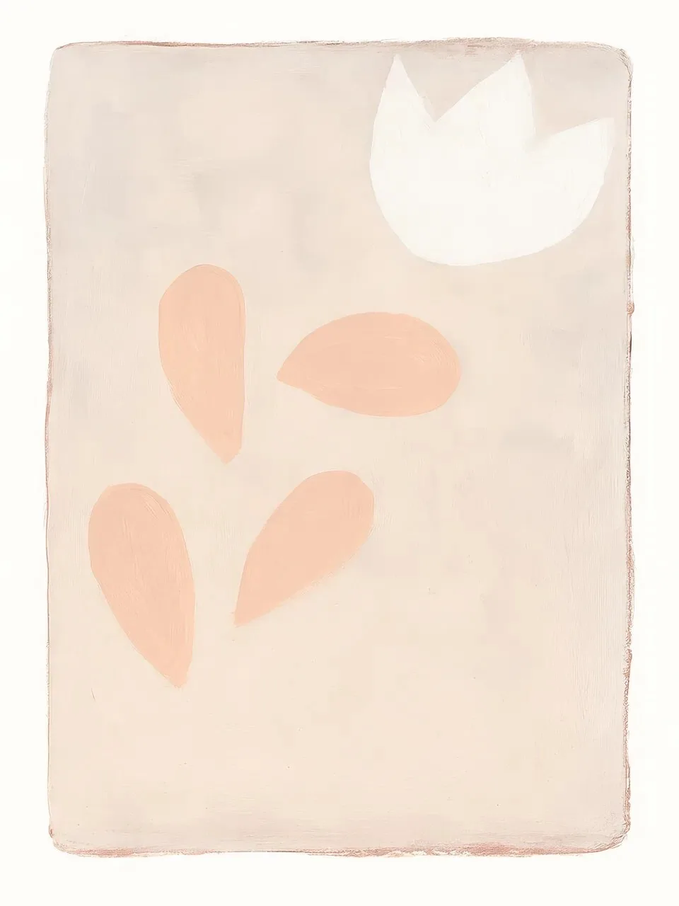 Onlly poster, Soft Leaf Shapes: Pale peach leaves and a single dark-green stem float on a light textured ground.