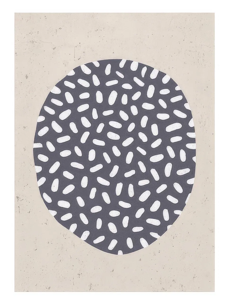 Onlly poster, Speckled Charcoal Circle: A dark circle filled with small pale marks is centred on a light neutral field.