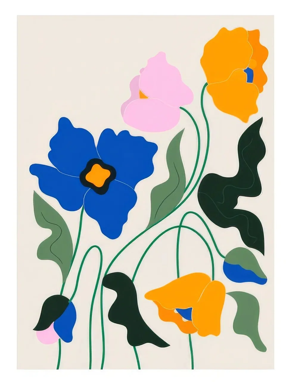Onlly poster, Blue and Orange Wildflowers: Vivid blue and orange blooms with dark green leaves fill a loose bouquet.