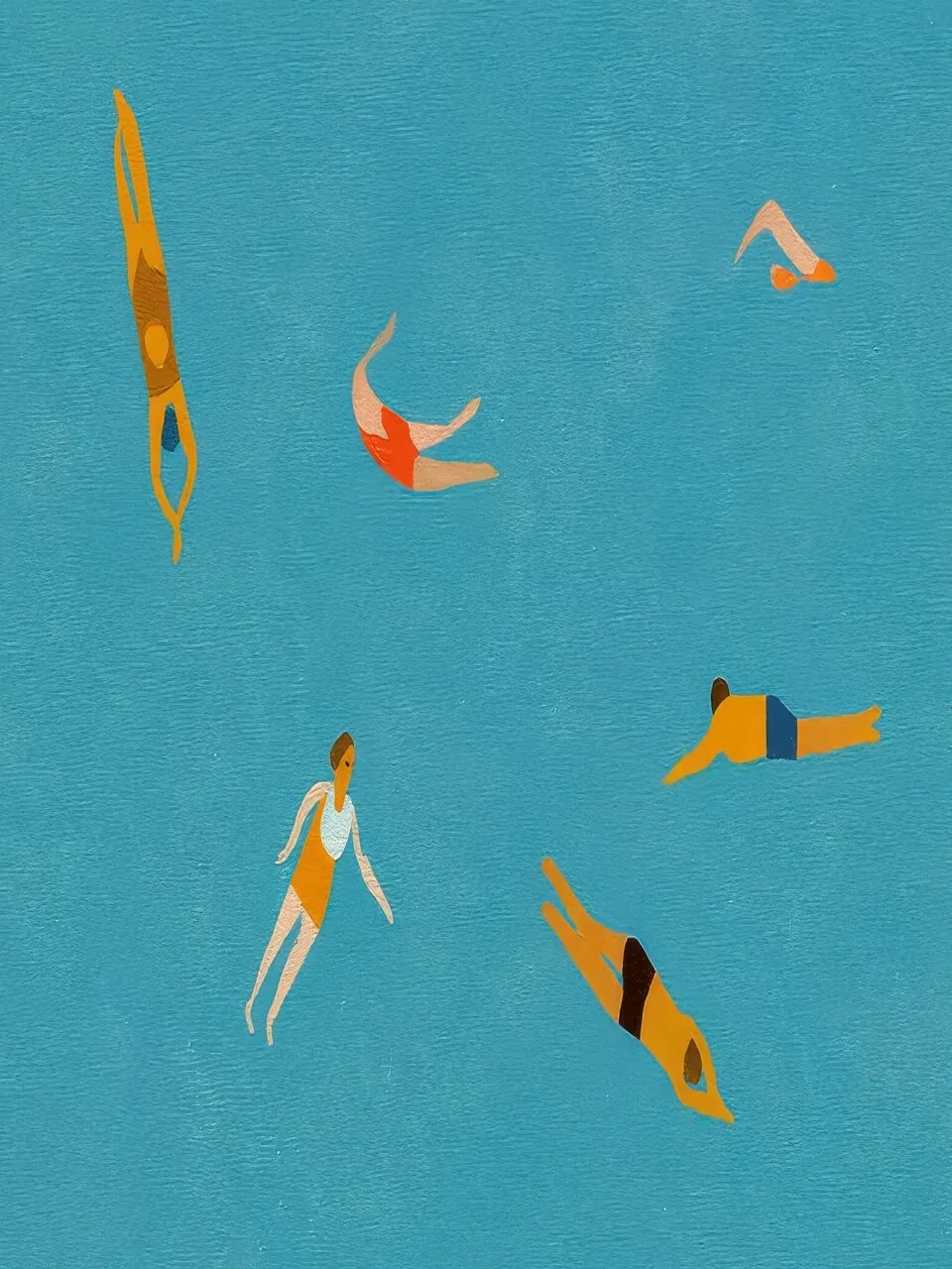Onlly poster, Swimmers in Turquoise Water: Tiny swimmers and fish-like shapes drift through a bright blue sea.