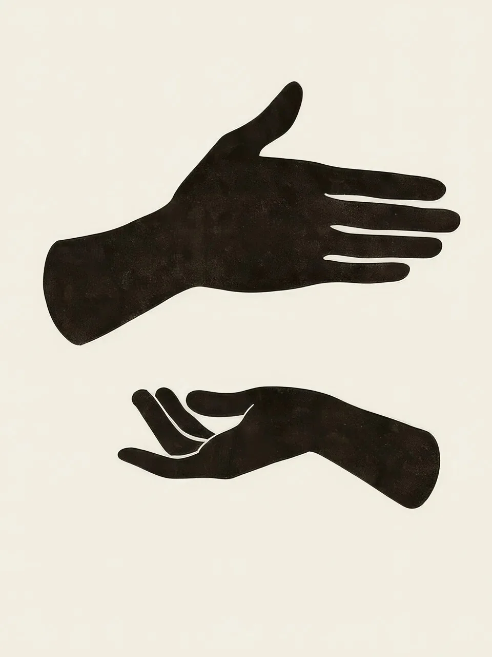 Onlly poster, Two Black Hand Gestures: Two graphic black hands reach toward one another across a warm ivory field.