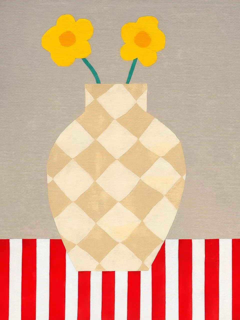 Onlly poster, Flowers in a Checkered Vase: A cream vase with a golden checkerboard pattern holds two bright yellow flowers.