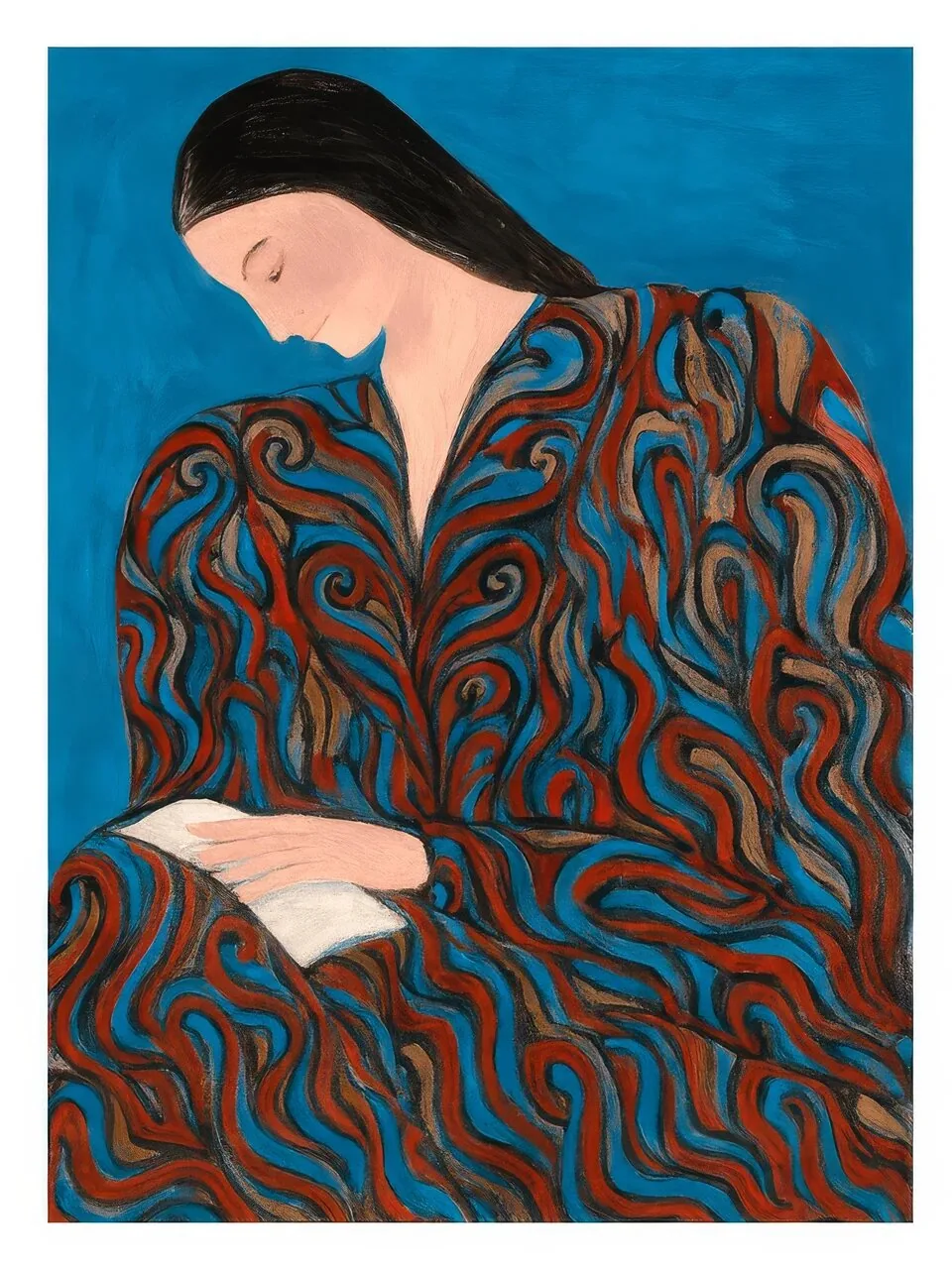 Onlly poster, Woman in a Blue Patterned Coat: A seated woman wears a vivid blue coat patterned with warm red and teal swirls.