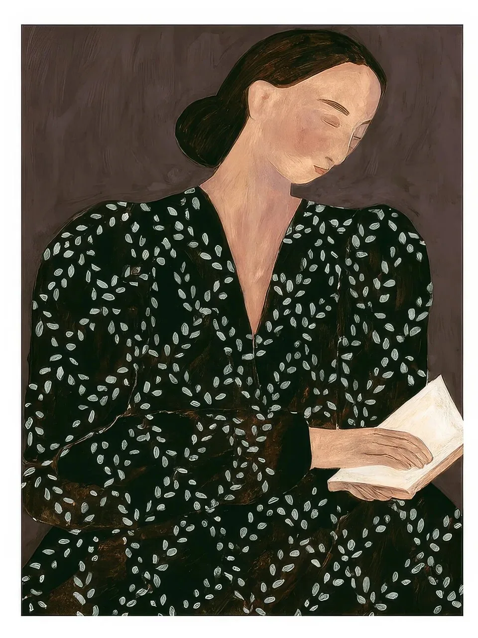 Onlly poster, Woman Reading in a Dark Dress: A seated woman in a dark patterned dress looks down at a book or paper.