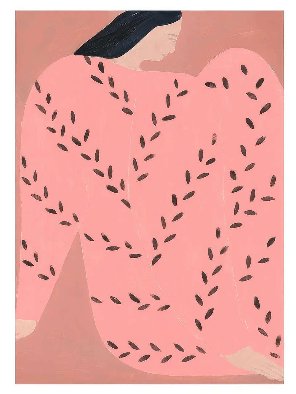 Onlly poster, Pink Seed Pattern: Small dark seed-like marks scatter across a close-up coral and pink field.