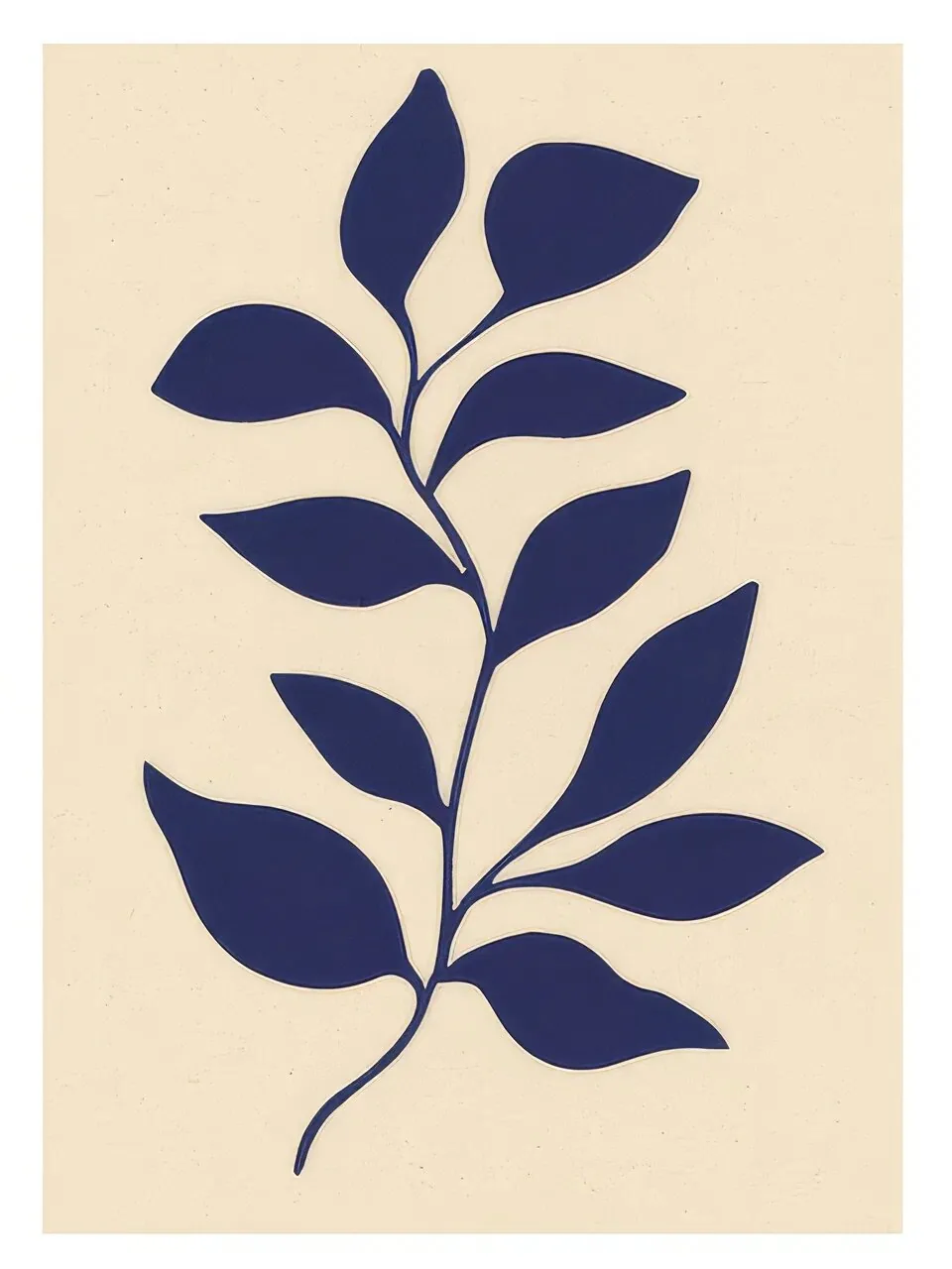 Onlly poster, Blue Branch on Cream: A slender cobalt branch with paired leaves rises from a warm pale ground.