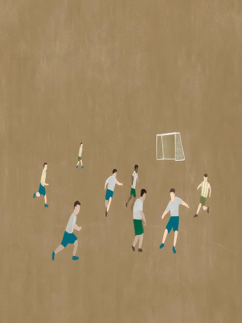 Onlly poster, Tiny Players on Ochre: Small figures move across a textured brown-green field in a distant sports scene.