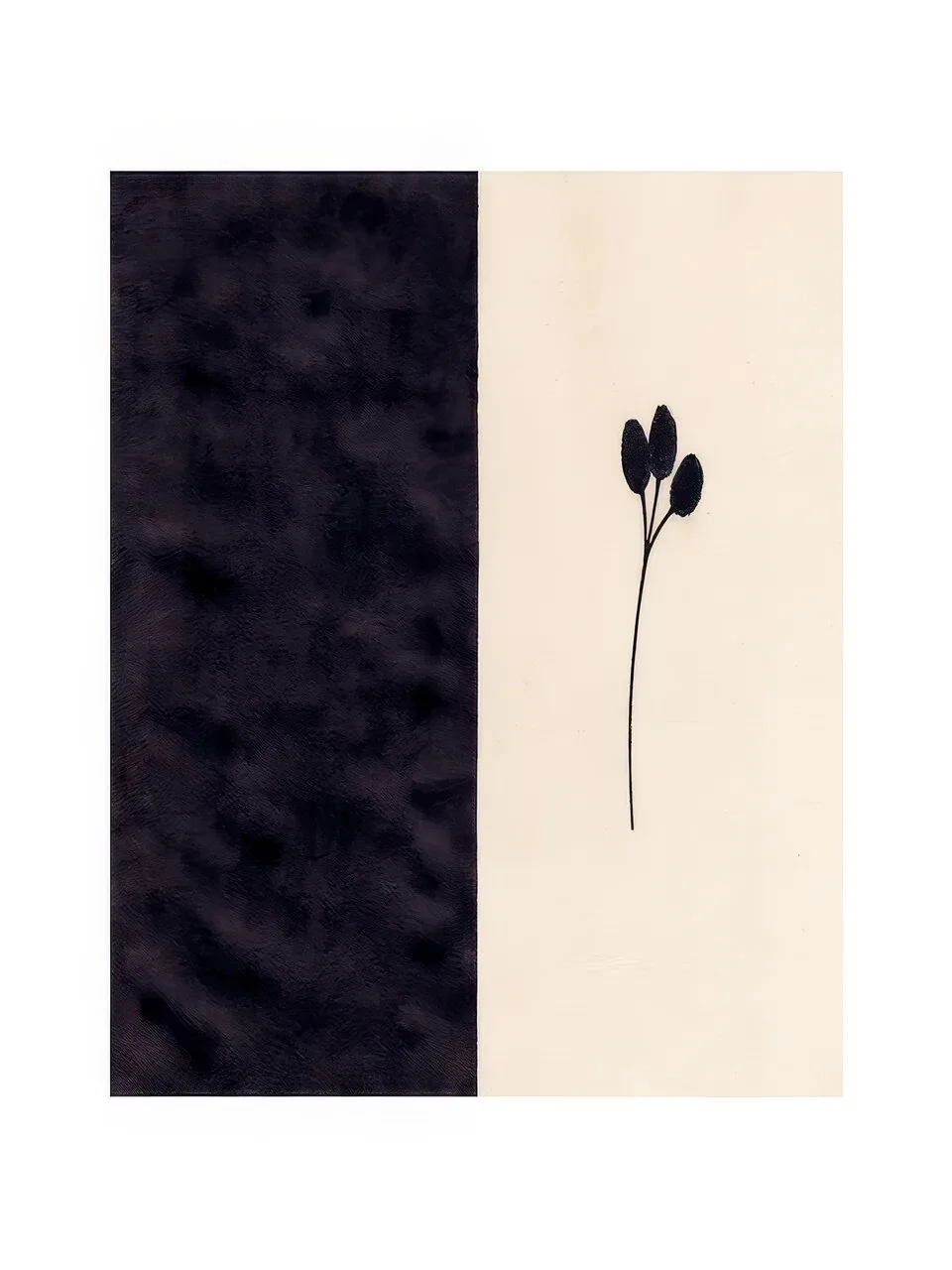 Onlly poster, Single Stem in a Dark Panel: A fine dark stem and tiny leaves stand against a two-tone charcoal and cream background.