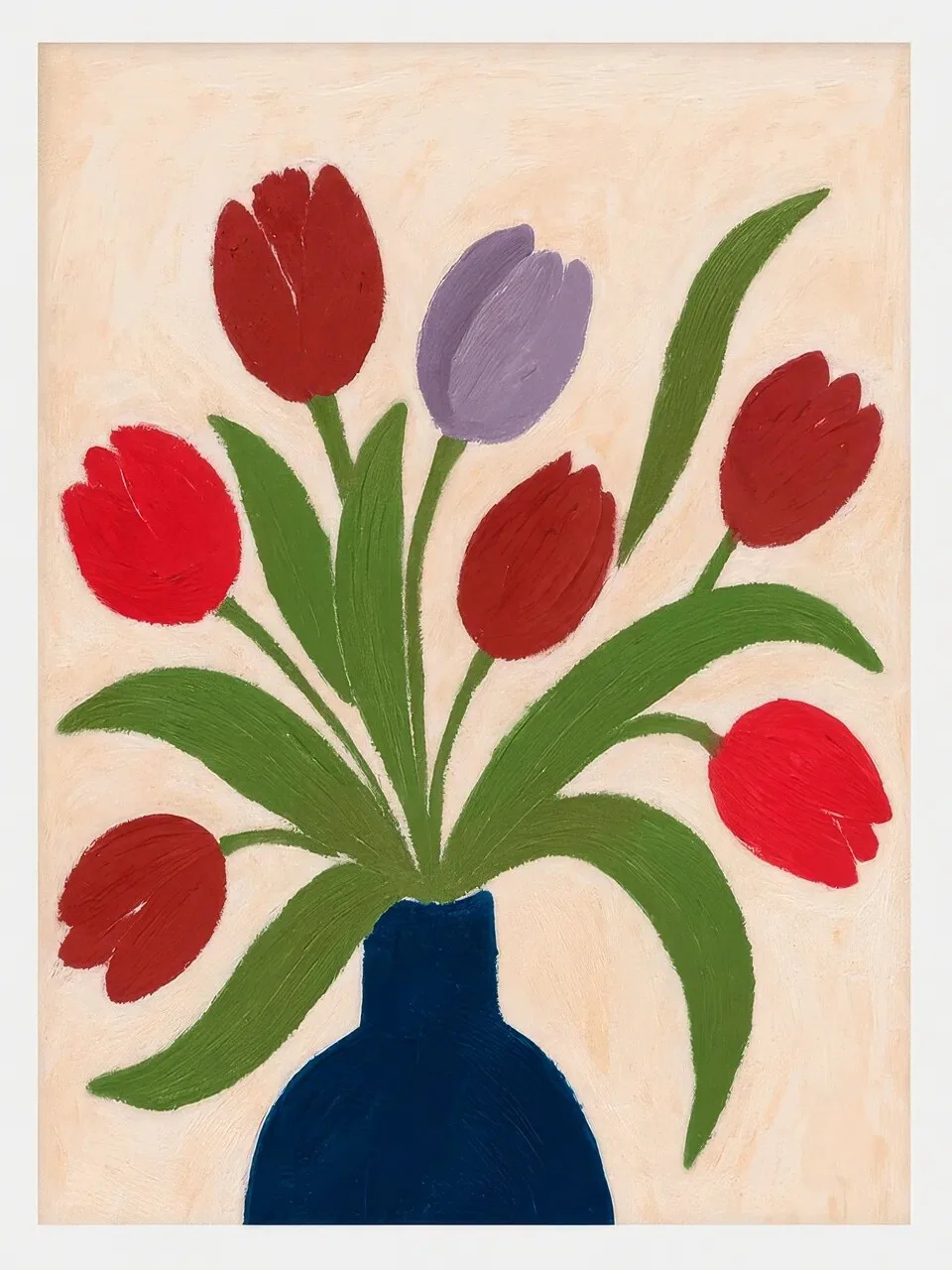 Onlly poster, Red Tulips in a Blue Vase: Red tulips with green leaves rise from a rounded deep-blue vase.