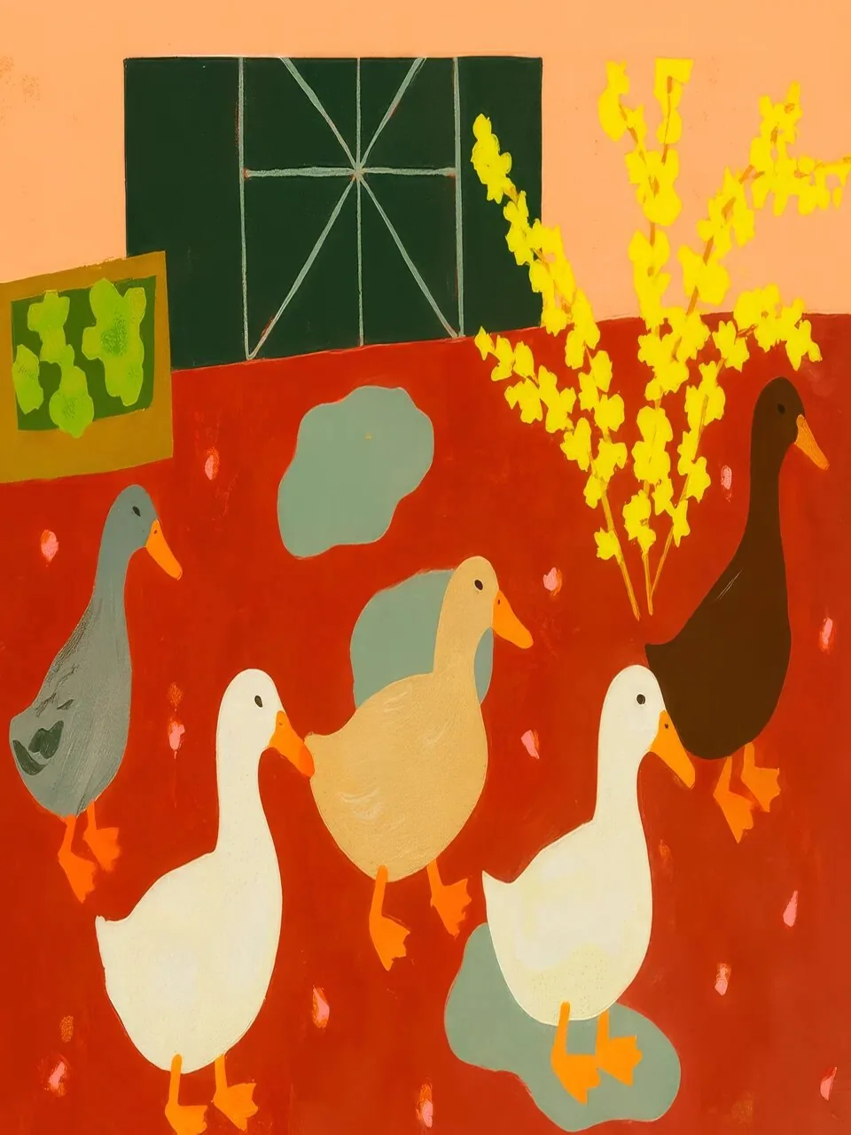Onlly poster, White Birds in a Flowering Garden: Several white birds stand among bright red, yellow and green blossoms.